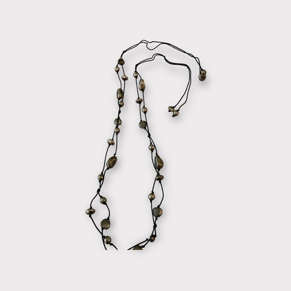 Boho belt,2 black cords tied with pewter stones of various sizes. Ties to close - Picture 6 of 7